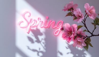 A soft pink flower branch against a pure white background, glowing gently with 'Spring Vibes' in elegant cursive font arching over, evoking a peaceful spring atmosphere.