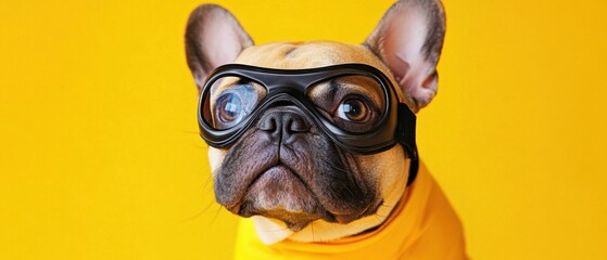 Fototapeta premium Adorable French Bulldog Puppy Wearing Aviator Goggles on Yellow Background
