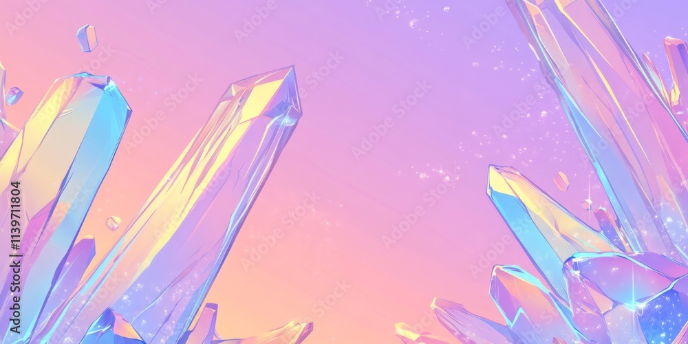 Poster colorful crystal droplets surround an empty space, creating a striking contrast against a pastel bac