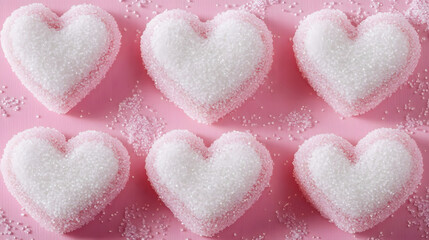 Obraz premium Sugar hearts frame on pink background Romantic St Valentines day concept Top view Copy space