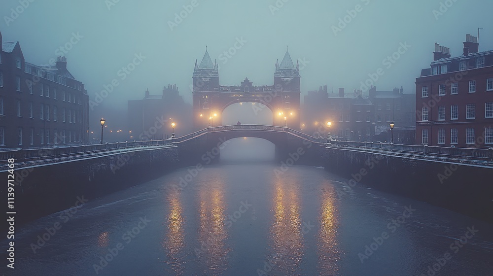 Poster a foggy view of a bridge over a river, illuminated by soft lights in a tranquil setting.