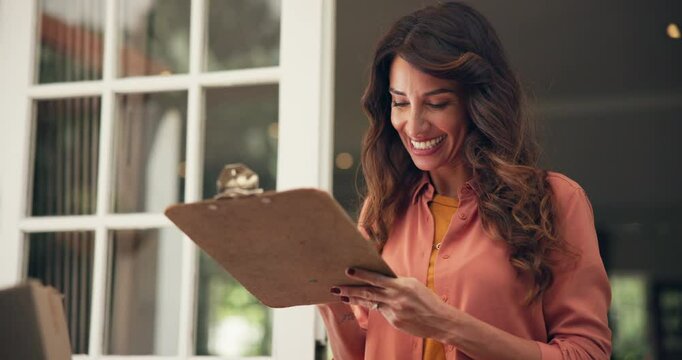 Door, delivery man and woman with clipboard for signature, safety compliance and proof of shipment. Courier service, worker and customer with approval for package, distribution and ecommerce for box