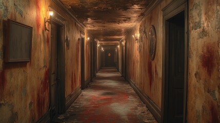 Obraz premium A dimly lit, eerie hallway with peeling walls and ominous lighting.