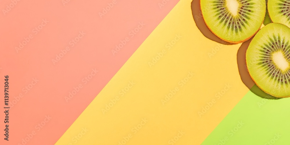 Poster brightly colored banner design featuring colorful background and sliced kiwis arranged artistically