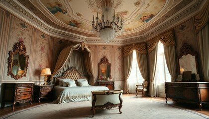 Bedroom Interior Design With An Rococo Concept - Luxury Hotel Bedroom - Bedroom With Lots Of Ornaments - Interior Of A Bedroom Or Hotel Room With Bedroom - Interior Design - 3D Interior - Rococo Style