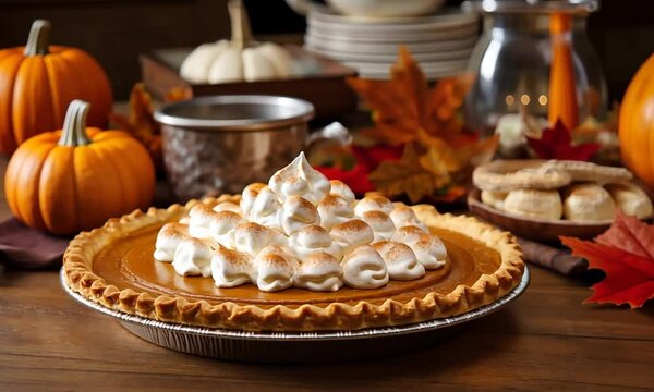 Tarte &agrave; la citrouille avec meringue dor&eacute;e, pos&eacute;e sur une table en bois entour&eacute;e de citrouilles d&eacute;coratives, feuilles d&rsquo;automne et vaisselle, ambiance chaleureuse d&rsquo;automne et de Thanksgiving