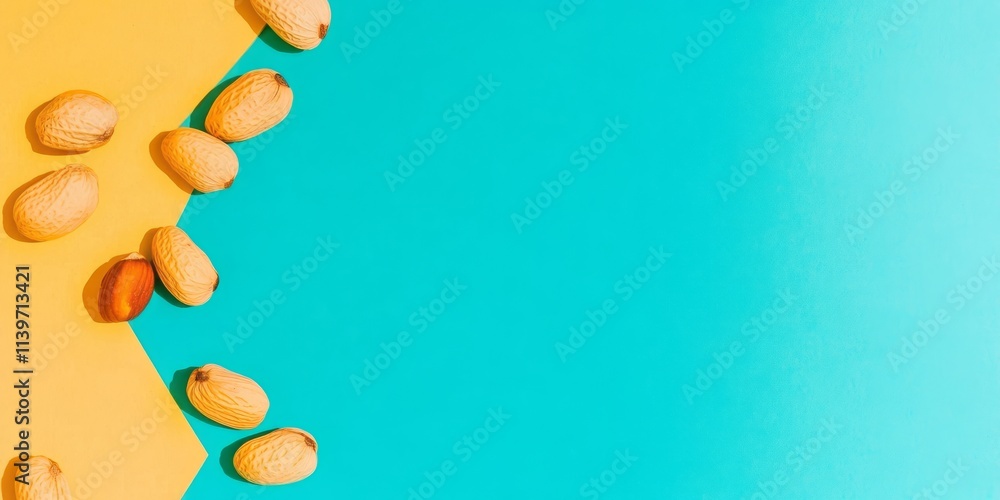 Aufkleber Brightly colored banner with scattered nuts on vibrant background creating a playful and inviting atmosphere