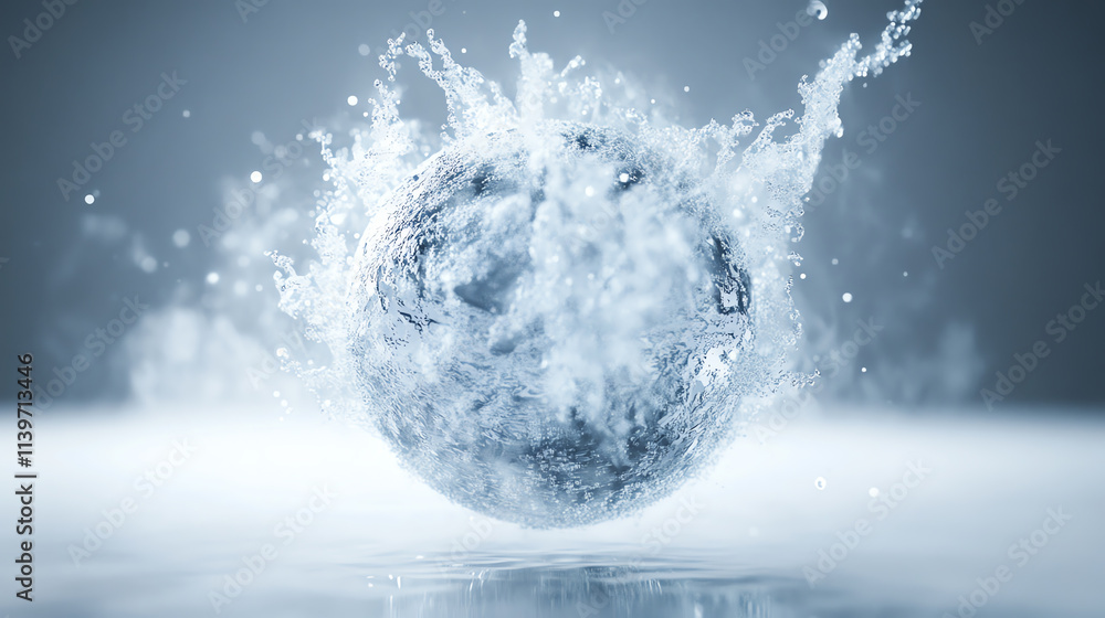Poster dynamic splash of water creating a spherical shape in a serene environment.