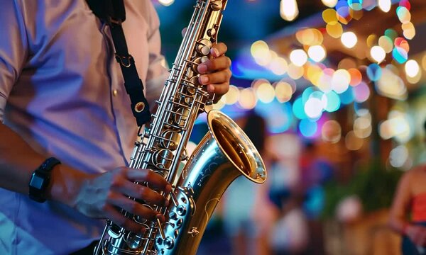 Musicien jouant du saxophone lors d&rsquo;un concert nocturne en plein air, ambiance festive avec guirlandes lumineuses floues en arri&egrave;re-plan, sc&egrave;ne de rue musicale anim&eacute;e en soir&eacute;e d&rsquo;&eacute;t&eacute;