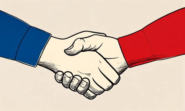 Couleurs du drapeau fran&ccedil;ais, bleu blanc et rouge, poign&eacute;e de main entre deux personnes symbolisant un accord ou un partenariat avec la France, fond neutre  coop&eacute;ration diplomatique ou &eacute;conomique