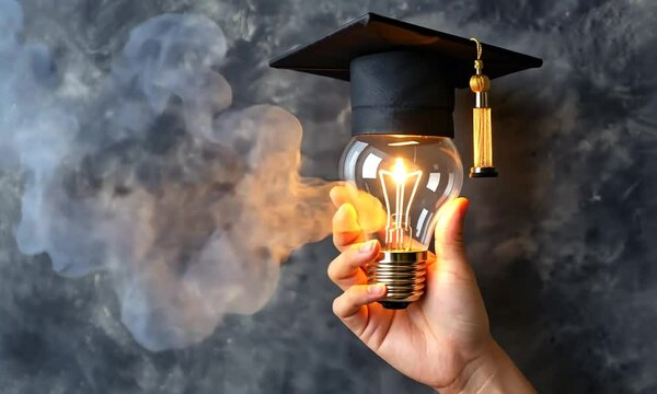 Ampoule allum&eacute;e tenue par une main avec toque de dipl&ocirc;m&eacute; sur fond sombre, concept de r&eacute;ussite scolaire, dipl&ocirc;me universitaire, intelligence et cr&eacute;ativit&eacute; en &eacute;ducation