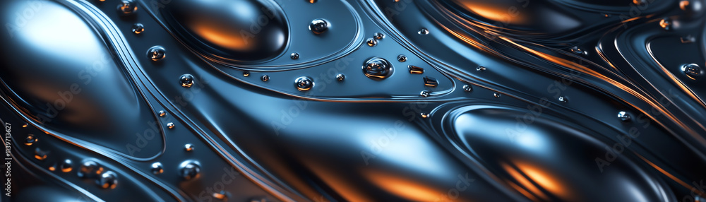 Aufkleber an abstract image showcasing fluid metallic shapes and reflective surfaces with bubbles.