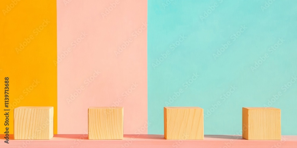 Poster brightly colored banner with empty space and wooden blocks enhances modern design aesthetics