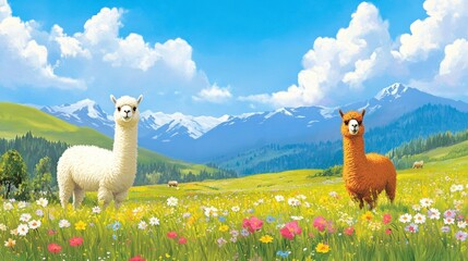 Naklejka premium Two llamas stand in a colorful meadow with mountains in the background.