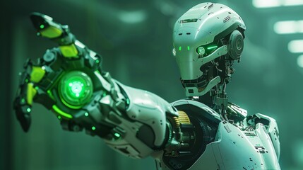 Fototapeta premium Advanced humanoid robot with glowing green energy core in hand, pointing.