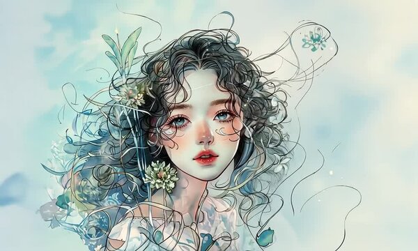 jeune femme aux cheveux boucl&eacute;s orn&eacute;s de fleurs, style illustratif d&eacute;licat et po&eacute;tique, tons pastel bleut&eacute;s, ambiance f&eacute;&eacute;rique et printani&egrave;re avec fond clair et espace n&eacute;gatif copyspace