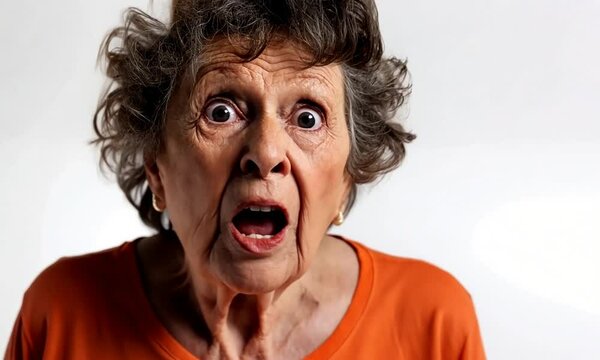 Femme &acirc;g&eacute;e au visage choqu&eacute;, bouche ouverte et yeux &eacute;carquill&eacute;s, portant un t-shirt orange sur fond blanc, expression de surprise ou de stupeur, r&eacute;action forte et &eacute;motionnelle, portrait frontal