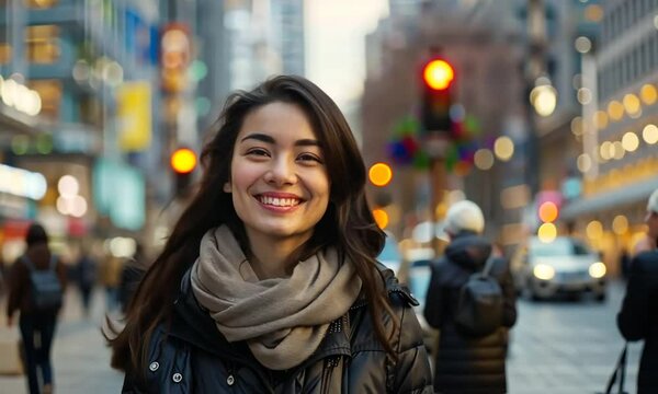 jeune femme eurasienne souriante en manteau et &eacute;charpe dans une rue anim&eacute;e en hiver, arri&egrave;re-plan urbain flou avec passants et feux de circulation, ambiance citadine hivernale