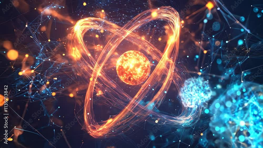 Poster a vibrant depiction of an atomic structure, showcasing glowing electrons and interconnected particle