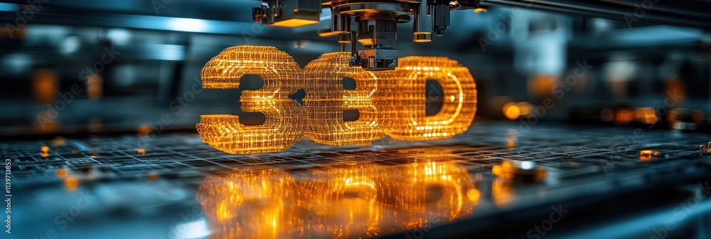 Poster 3d text illuminated in a futuristic setting, showcasing advanced printing technology.