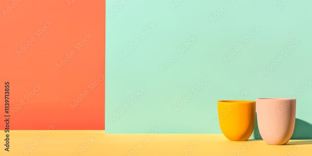 Poster brightly colored banner design featuring clay sculptures with contrasting vibrant backgrounds and em