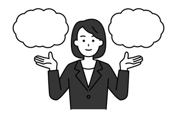 二つの選択肢を提案する黒いスーツの女性