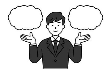 二つの選択肢を提案する黒いスーツの男性