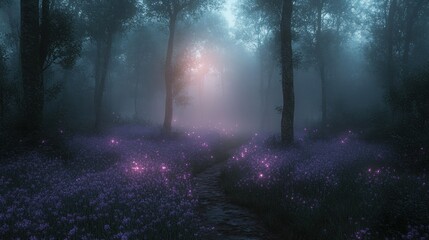 Obraz premium A mystical forest scene with fog and purple flowers, creating an enchanting atmosphere.