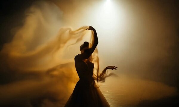 Silhouetted woman dancing on stage with fog and spotlight.