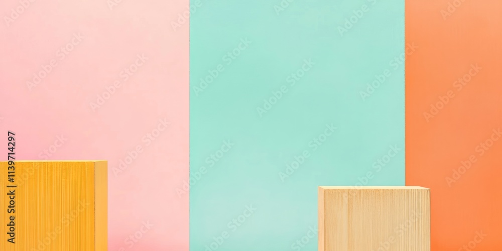 Poster brightly colored banner showcasing empty space surrounded by wooden blocks in vibrant tones