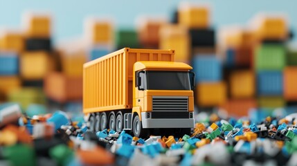 A miniature yellow truck sits on a colorful pile of waste, symbolizing transportation and recycling in an industrial setting.