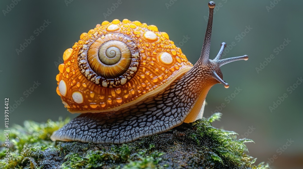 Poster a vibrant orange snail with a textured shell resting on moss in a natural setting.
