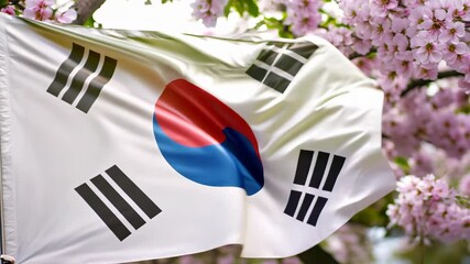 South Korean flag waving with flowers and bright sunlight