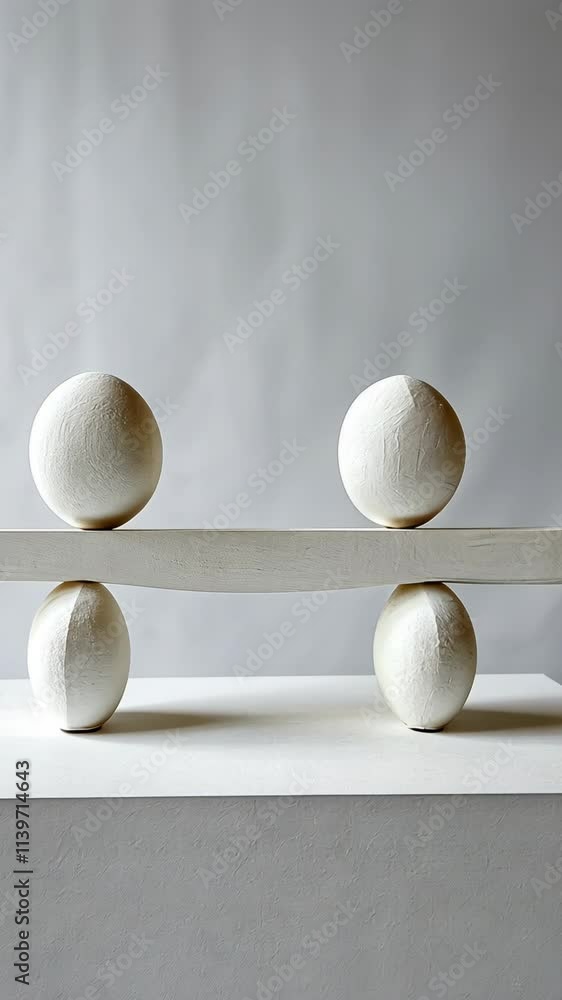 Poster sculptural balance with five white forms on a minimalist display showcasing harmony in design and fo
