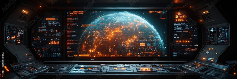 Poster a futuristic control room with a view of earth, showcasing advanced technology and data displays.