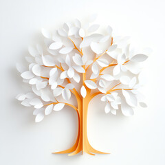 A beautifully crafted paper tree artwork with white leaves and an orange trunk.