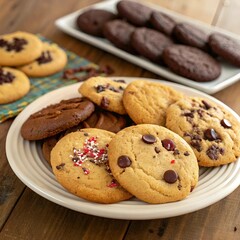 A plate of freshly baked cookies resting on a rustic wooden table.