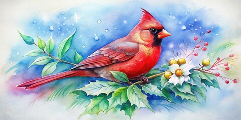 Festive watercolor illustration of a red cardinal, perfect for Christmas decor, greeting cards, and seasonal designs. Isolated on white for a cheerful touch.
