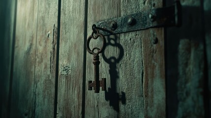 Rusty skeleton key hangs on old weathered wooden door.