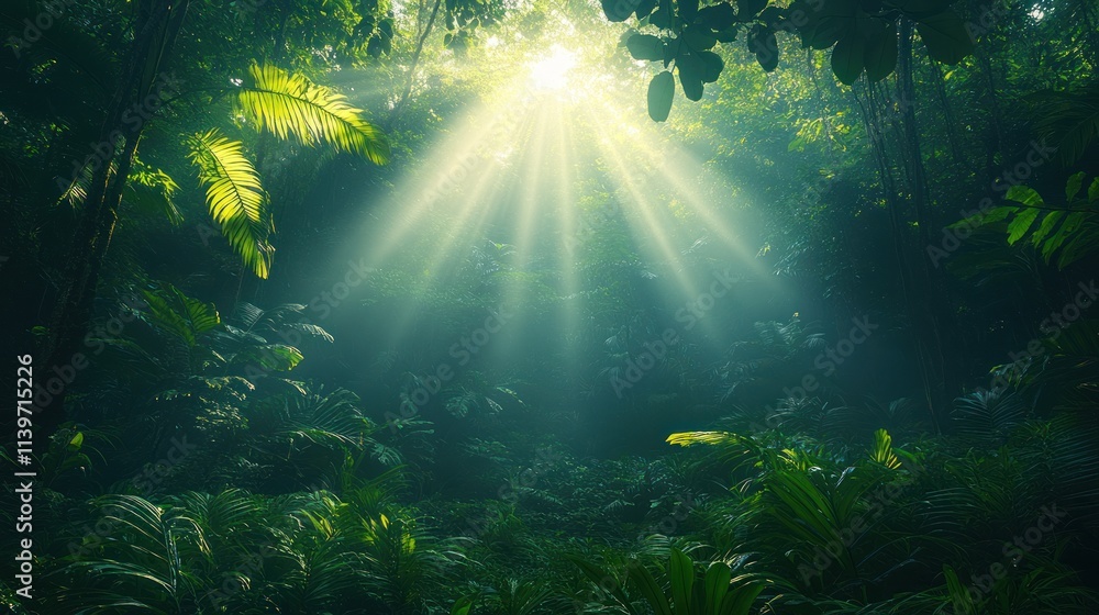 Poster sunlight filters through dense jungle foliage, creating a serene and mystical atmosphere.