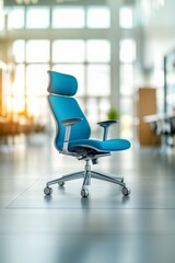 Vibrant blue ergonomic chair in a bright workspace