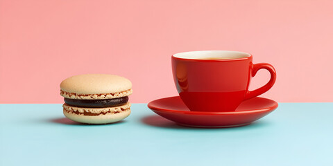 cup of coffee and macaroons.Side View Of Cup Tea With    And Waffle Biscuits.