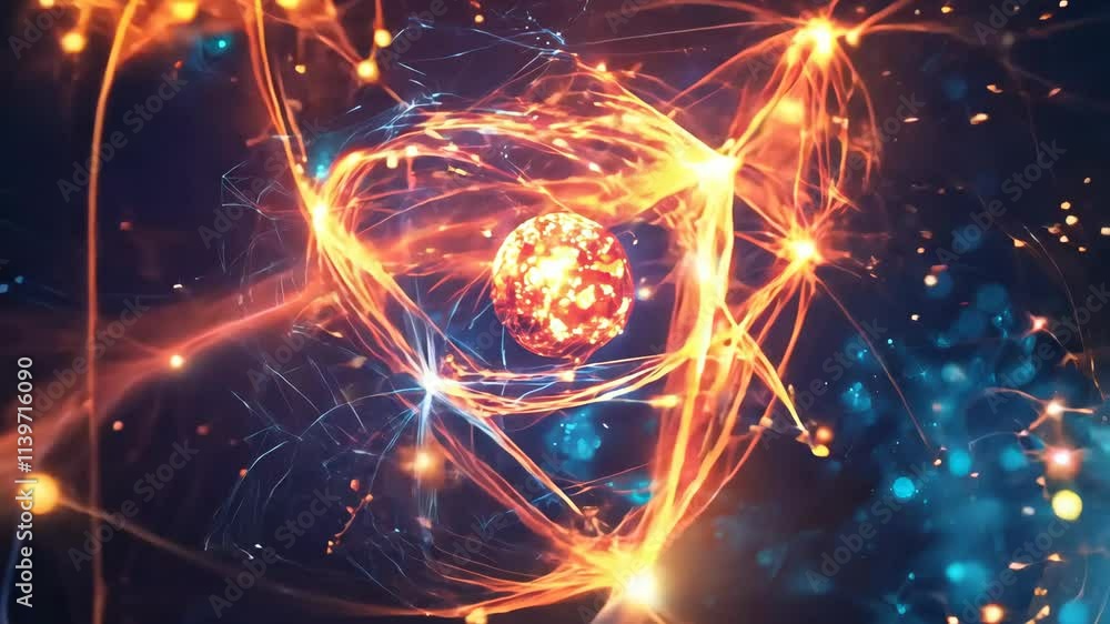 Poster a vibrant depiction of an atomic structure, showcasing glowing electrons and interconnected particle