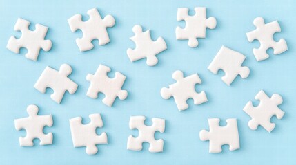 Fototapeta premium Top-down view of scattered white puzzle pieces on a vibrant blue background. The simple yet playful arrangement creates a clean, conceptual design, perfect for themes of problem-solving, teamwork