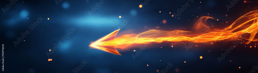 Poster dynamic arrow with fiery trail against a vibrant abstract background.