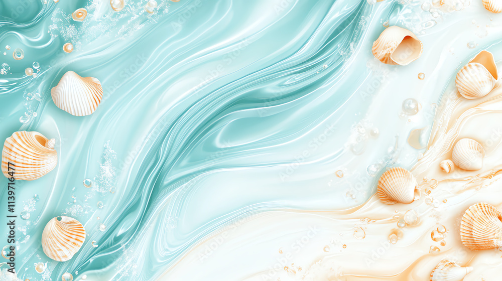 Poster abstract ocean waves with shells, creating a tranquil and serene atmosphere.