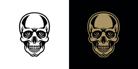 Skull vector character illustration in two styles black on white and gold on dark background