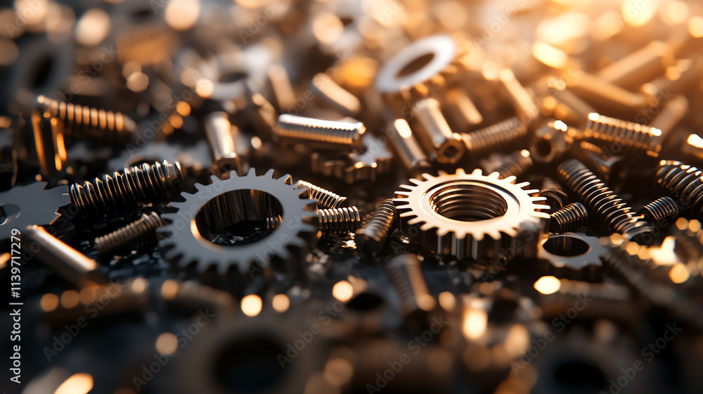 Poster close-up of assorted metallic gears and screws highlighting precision engineering.