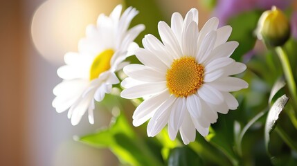 Fototapeta premium Fresh White Daisy Flowers with Yellow Center in Soft Natural Light Background