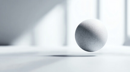 A minimalistic design featuring a floating grey sphere in a bright, airy environment.